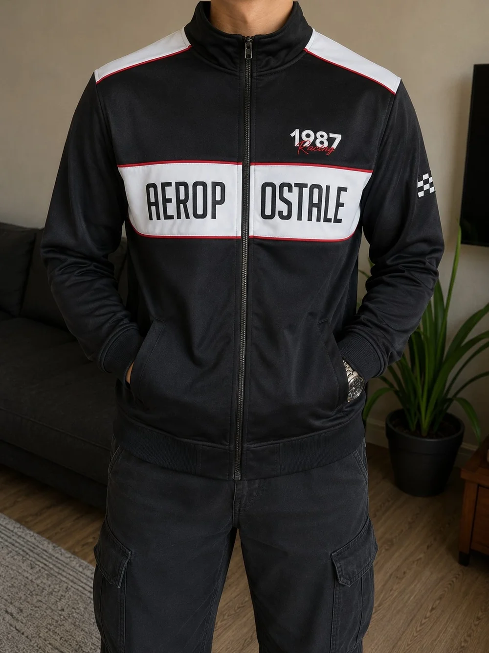 Aeropostale Black, White & Red Racing Track Jacket
